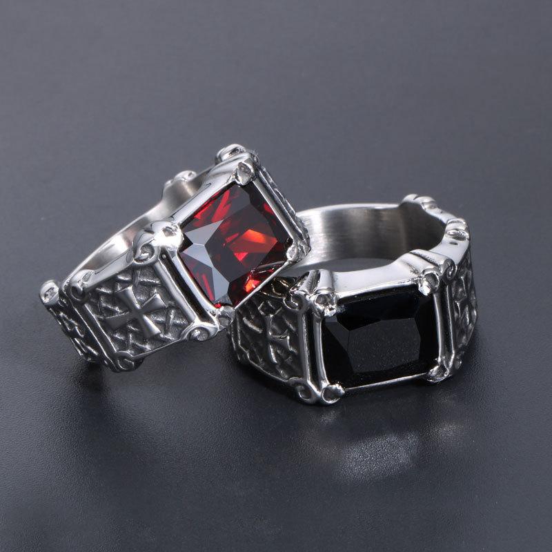 STAINLESS STEEL GOTHIC CROSS GEMSTONE INDEX RING