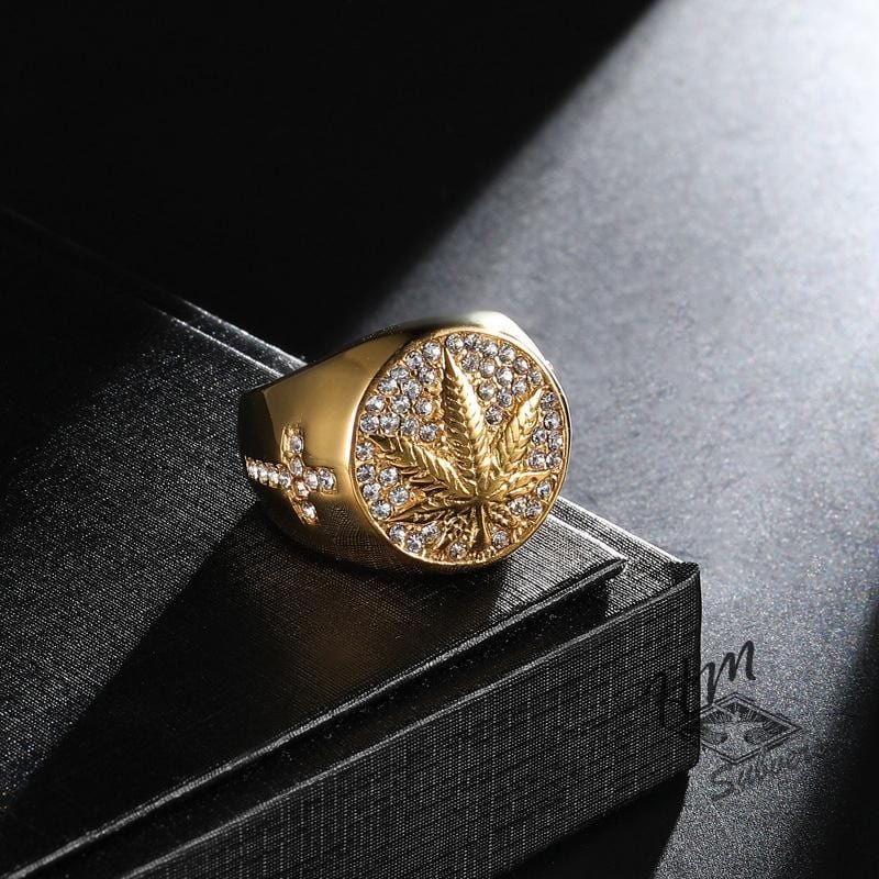 STAINLESS STEEL RING HIPHOP LEAVES WITH DIAMONDS STAINLESS STEEL RING