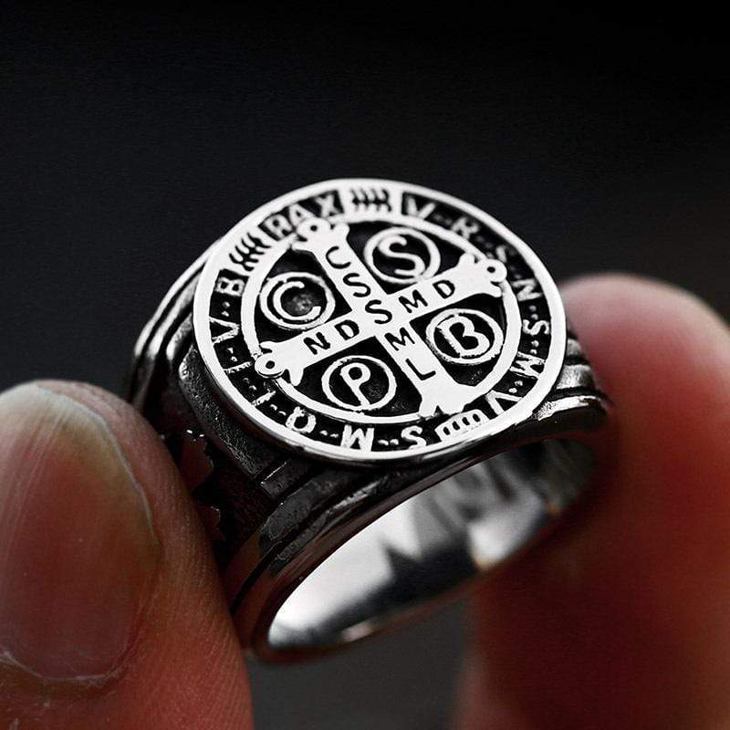 STAINLESS STEEL RING ST. BENEDICT CROSS  STAINLESS STEEL RING