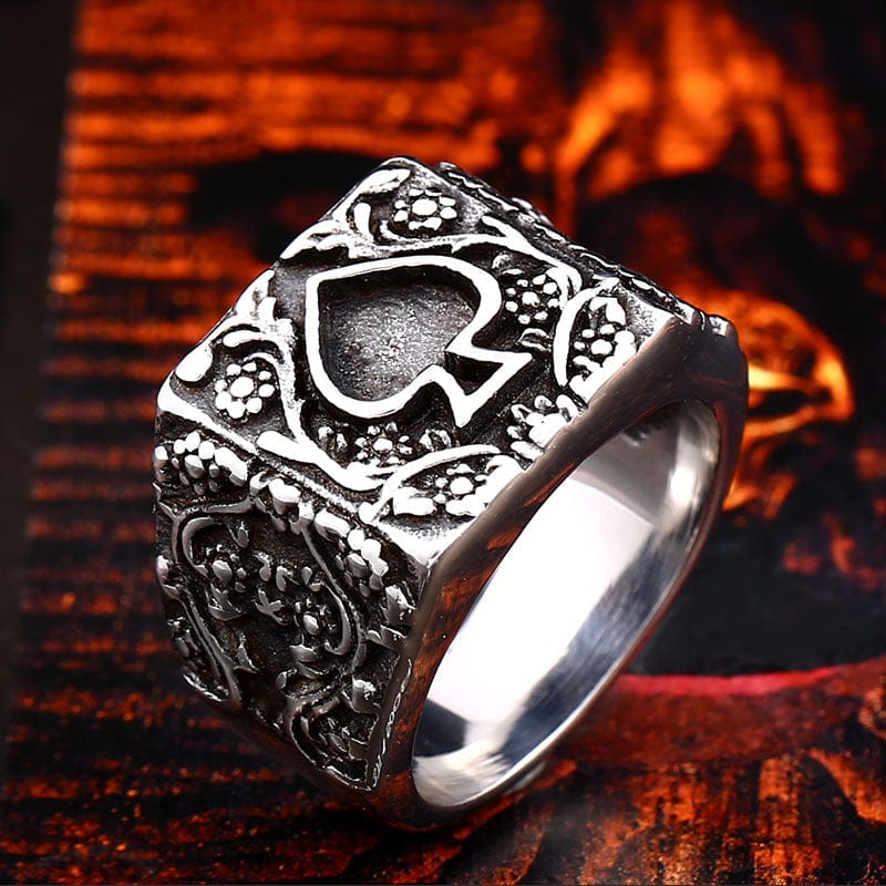 STAINLESS STEEL RING VINTAGE CARVED POKER STAINLESS STEEL RING